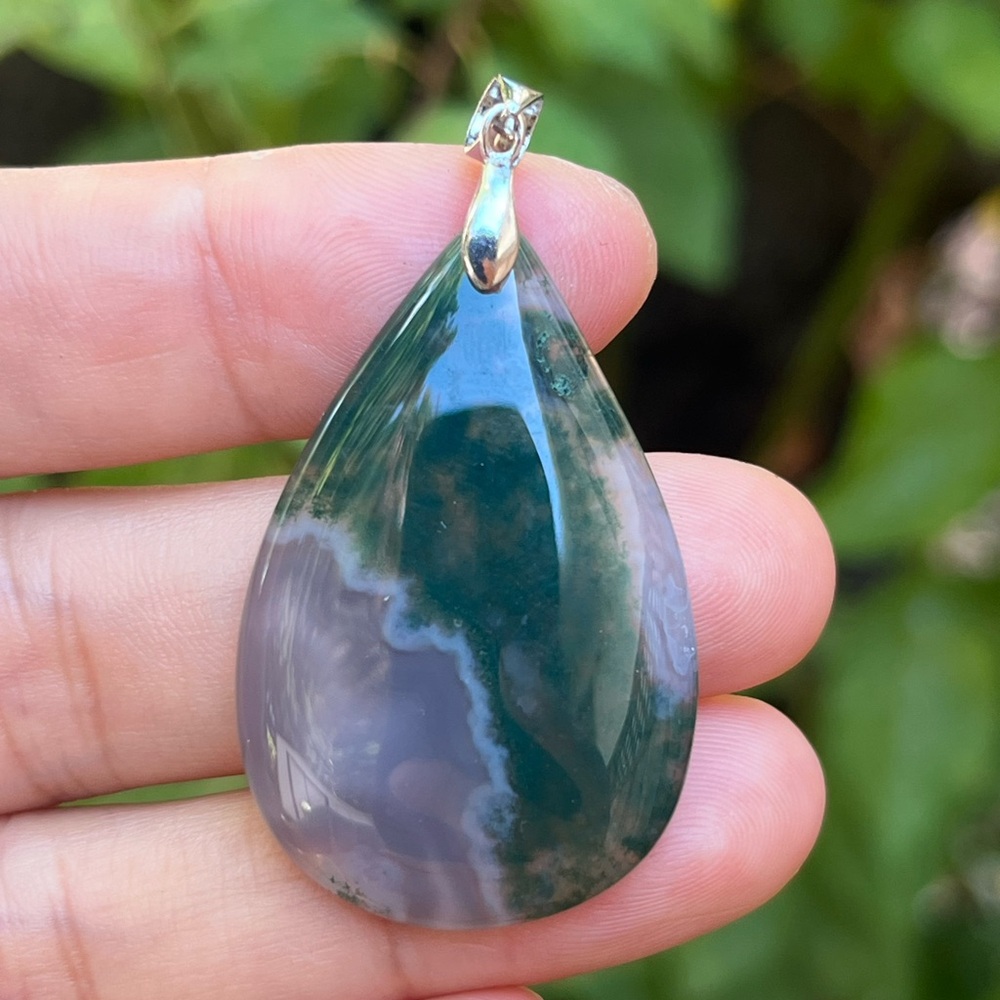 Sterling silver 925 stamped gray moss agate pendant